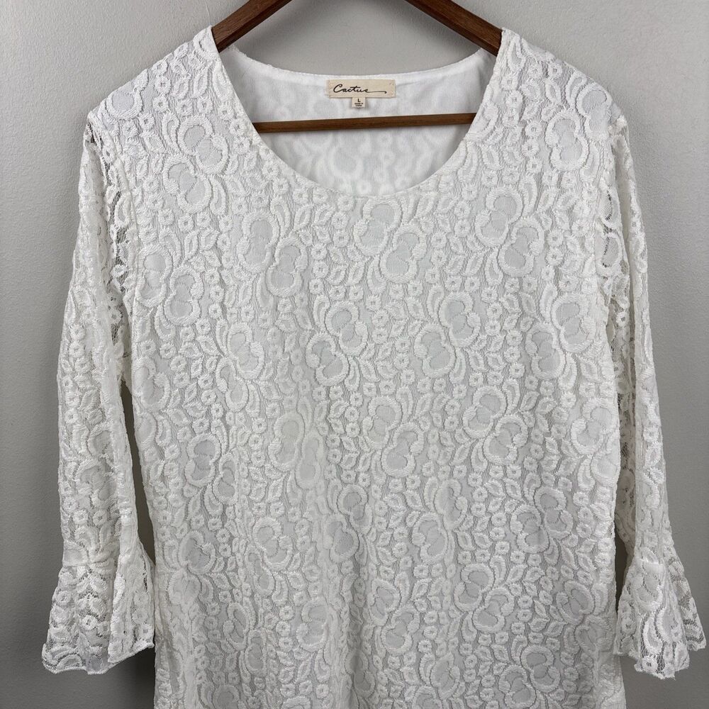 Cactus Brand Women's Lace Blouse Large White Lined Long Sleeve Ruffled Feminine